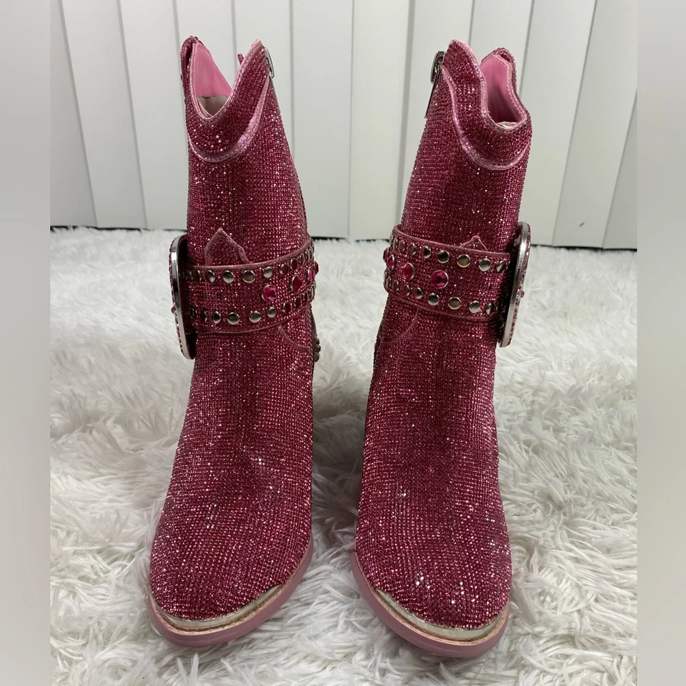 CLUB EXX Pink Sheriff Shine Rhinestone Cowboy Boots Ankle Booties Heeled Size 8 - Picture 2 of 13